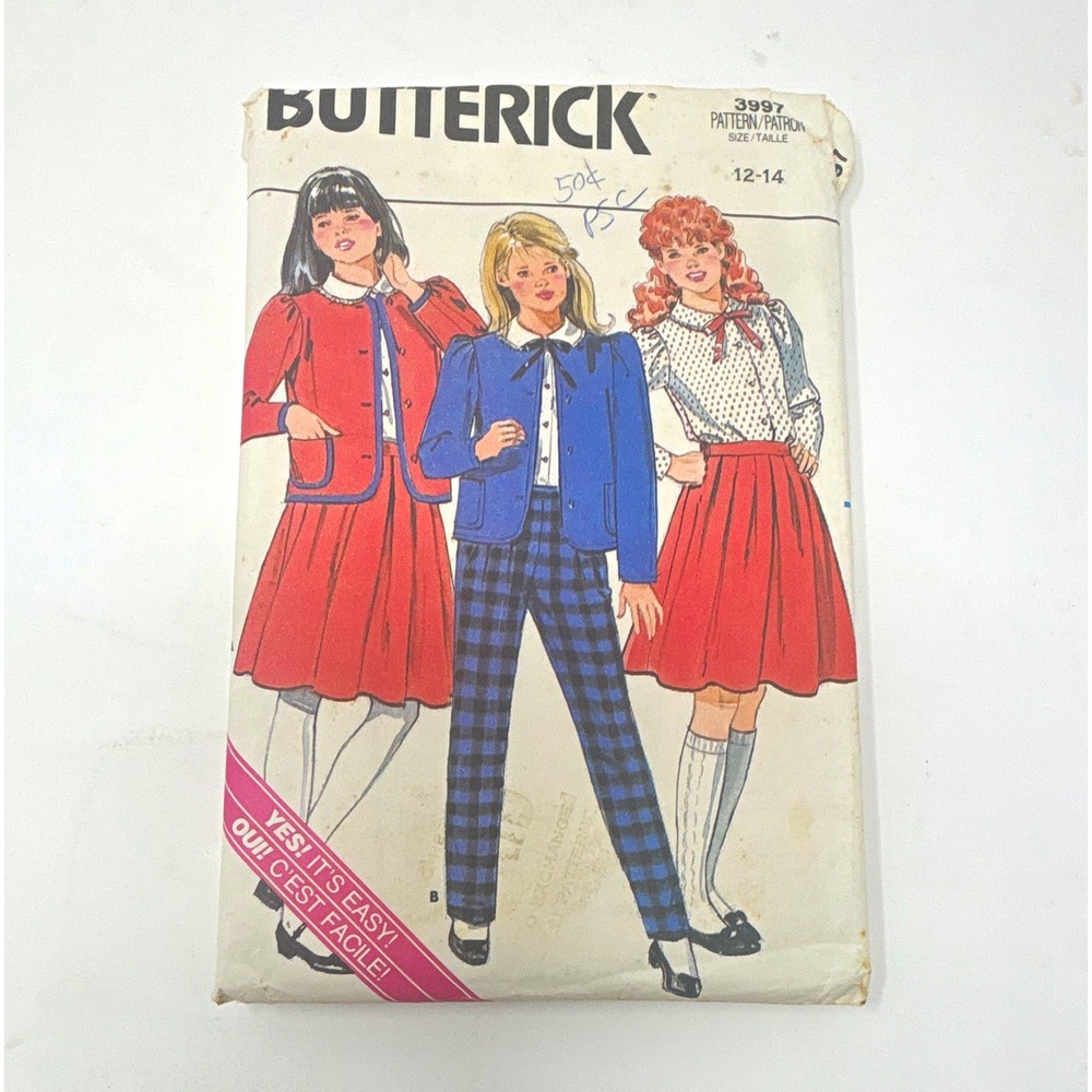 Butterick 3997 Vintage Sewing Pattern Jacket Skirt Pants Blouse Girls 12-14